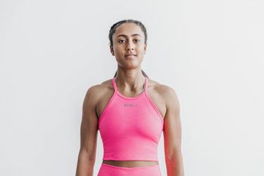 Nobull Halter Crop Neon Ribbed Women's Tank Tops Pink | Australia (PX4531)